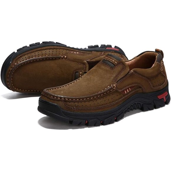 Men's Khaki Slip-on Hiking Shoes Leather Casual Outdoor Walking Sneaker - Picture 5 of 8